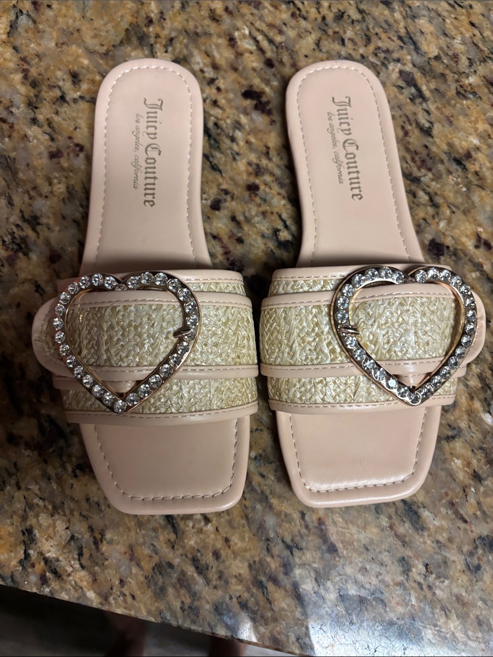 Juicy Couture Nude Pink Straw Slide Sandals with Crystal Heart Buckles